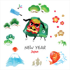 Vector illustration. Japanese new year items collection. Hand drawn line with watercolor graphic style. 
