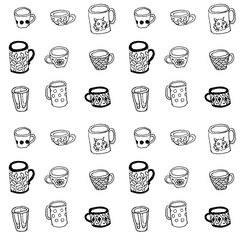 black and white linear drawings of cups and mugs seamless pattern