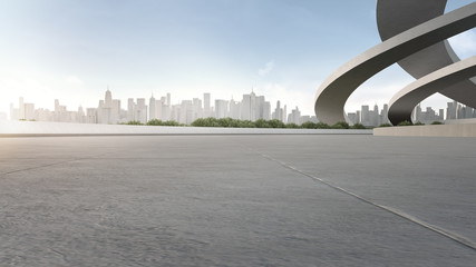 Empty concrete floor in city park. 3d rendering of outdoor space and future architecture with blue sky background.