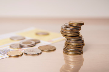 Various Hungarian coins on mortgage payments. Forint coins. Eastern Europe Hungary