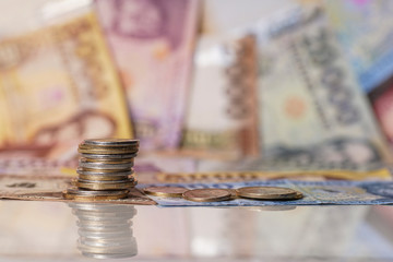 Forint Coins Hungarian currency. In the background coins of different denominations. Európe Hungary