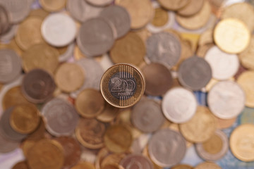 Forint Coins Hungarian currency. In the background coins of different denominations. 200 forint Európe Hungary