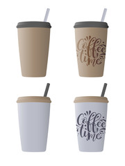 Brown and white paper cup for coffee set. Realistic vector cup of coffee with a beautiful logo. Coffee break. Vector illustration