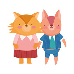 Fototapeta premium cute little female fox and squirrel with clothes cartoon