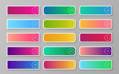 Web gradient button. Search, read more, next and continue submit buttons. Flat rectangular and rounded empty sign collection for internet navigation. Vector modenr banners.