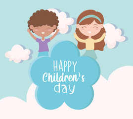 happy childrens day, little boy and girl playing celebration cloud cartoon