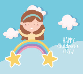 happy childrens day, little girl rainbow sky celebration cartoon