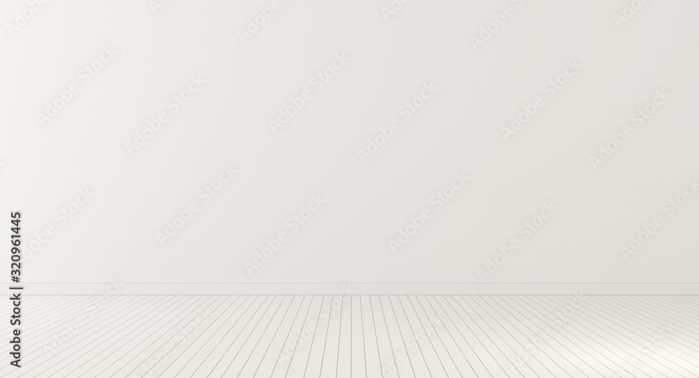 Poster mock-up of white empty room and wood laminate floor with sun light cast the shadow on the floor,mini