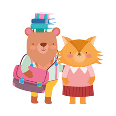 back to school education bear with bag books in head and fox