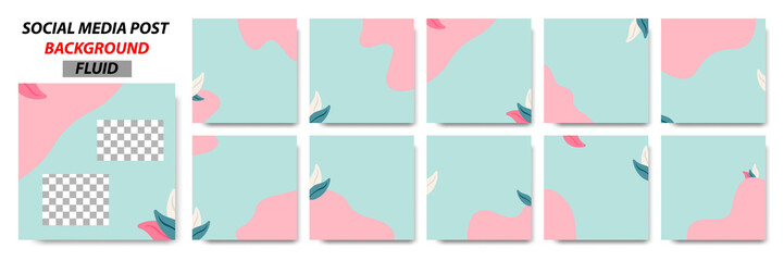 Set collection of square banner layout template background in green, pink color and leaves floral pattern