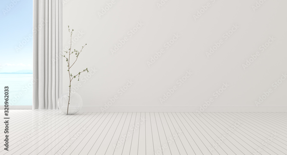 Aufkleber mock-up of living room in minimal style with plant branches in glass vase on laminate floor.perspect