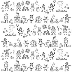 Children are among the toys, houses, flowers, clouds and sun. Sketch without color. Template.