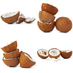 Collage of broken coconut pieces isolated on white background