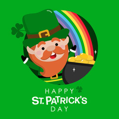 Happy St. Patrick's Day greeting card with cute leprechaun and clover. Holiday cartoon character. -vector