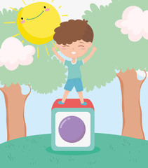 happy childrens day, little boy playing in block toy landscape cartoon