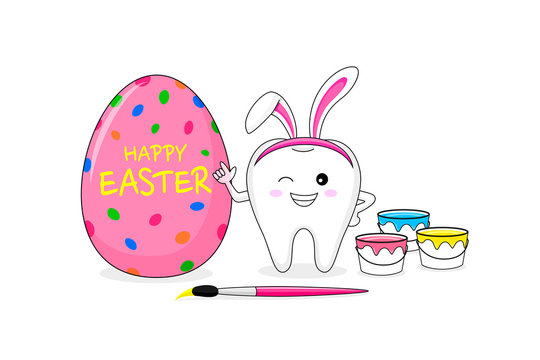 Cute cartoon tooth character painting Easter eggs. Happy Easter day. Dental care concept. Vector illustration isolated on white background.