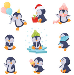 Penguin Character Enjoying Winter Season Vector Illustrations Set