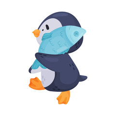 Penguin Character Carrying Fish in Its Wings Vector Illustration