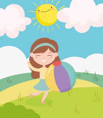 Obraz na płótnie Canvas happy childrens day, little girl with ball field sun clouds cartoon