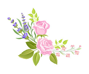 Floral Composition of Tender Rose Bud and Lavender Twigs Vector Illustration