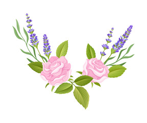 Floral Composition of Tender Rose Bud and Lavender Twigs Vector Illustration