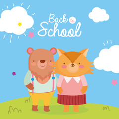 Obraz na płótnie Canvas back to school education cute bear and fox with clothes