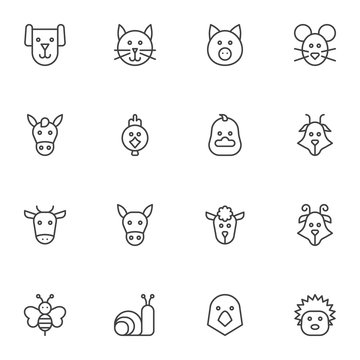 Farm animals line icons set. linear style symbols collection, Animals heads outline signs pack. vector graphics. Set includes icons as dog, cat, hen, mouse, horse, rooster, cow, chicken, goat, donkey