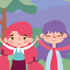 Obraz premium little girls cartoon character facial expression landscape nature background