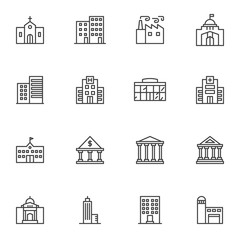 City buildings line icons set. linear style symbols collection, outline signs pack. vector graphics. Set includes icons as bank building, library, courthouse, hospital, factory, school, skyscraper