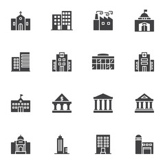 Fototapeta premium City buildings vector icons set, modern solid symbol collection, filled style pictogram pack. Signs, logo illustration. Set includes icons as bank building, courthouse, hospital, school, skyscraper