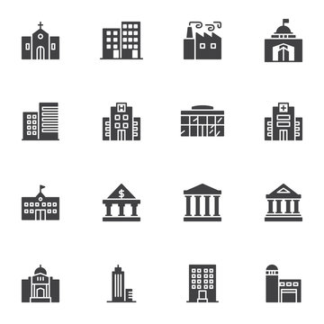 City buildings vector icons set, modern solid symbol collection, filled style pictogram pack. Signs, logo illustration. Set includes icons as bank building, courthouse, hospital, school, skyscraper