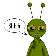 An alien saying Shh h emoji, emoticon with keep silent gesture, a finger on mouth pose, silence! stop talking! or shut up! expression, vector hand drawing