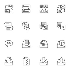 Dialogue speech line icons set. linear style symbols collection, Communication, outline signs pack. vector graphics. Set includes icons as Speech bubble, Address Book, Forum Comment, Mail Message