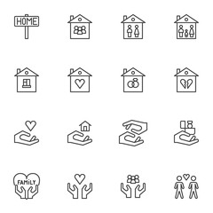 Family house line icons set. linear style symbols collection, outline signs pack. vector graphics. Set includes icons as home, love family heart, newlyweds, real estate, mother, father, valentine