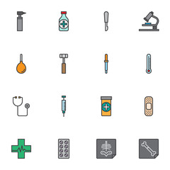 Medical equipment filled outline icons set, line vector symbol collection, linear colorful pictogram pack. Signs, logo illustration, Set includes icons as medicine bottle, enema thermometer, pipette