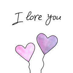 I love you. Pair of pink hearts. Symbol of love, romance. Template for postcards. Simple illustration for Valentines day, birthday, mothers day, greeting card, web. Hand drawn