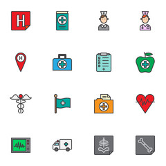 Medical filled outline icons set, line vector symbol collection, Healthcare linear colorful pictogram pack. Signs logo illustration, Set includes icons as nurse doctor, first aid kit, heart cardiogram