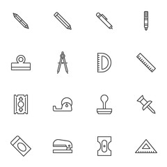Stationary equipment vector icons set, modern solid symbol collection, Office tool filled style pictogram pack. Signs logo illustration. Set includes icons as pen, pencil, ruler, compass, push pin