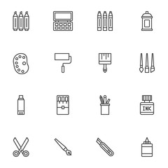 Stationery tool line icons set. linear style symbols collection, outline signs pack. vector graphics. Set includes icons as scissors, office equipment, paintbrush and palette , ink bottle, spray can