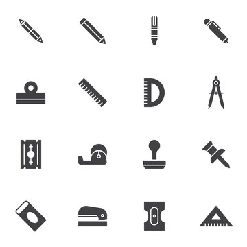 Stationary equipment vector icons set, modern solid symbol collection, Office tool filled style pictogram pack. Signs, logo illustration. Set includes icons as pen, pencil, ruler, compass, push pin