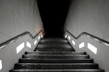 Prague, Czech Republic - January 25. 2016: Photos of Prague Metro showing platforms, trains, escalator, and station halls, highlighting the architecture and atmosphere of the underground.
