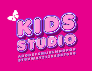 Vector colorful logo Kids Studio. Bright Uppercase Font. Creative Alphabet Letters and Numbers