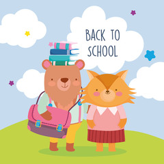 back to school education bear with bag books in head and fox