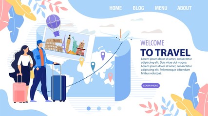 Fototapeta na wymiar Landing Page Trendy Design Inviting to Travel Vacation. Man Woman Carrying Luggage Bag Stand front of Paper Map with Destination Marks. Online for Booking Tour and Aircraft Ticket. Vector Illustration
