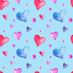Watercolor seamless  pattern with colorful hearts on blue background. St. Valentine hearts. Love celebration. Romantic conception. For prints, cards, wrapping paper.