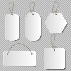 Realistic price tag. Cardboard label, paper sale tags mockup blank labels template shopping gift empty stickers with ropes tags vector set.