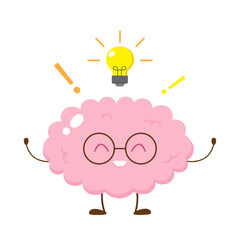 Cute happy human brain in glasses with lightbulb