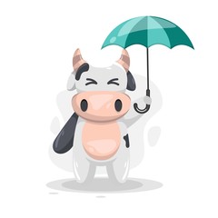 CUTE COW WITH UMBRELLA CARTOON VECTOR