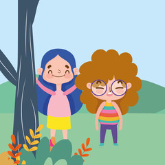 little girls cartoon character facial expression landscape nature background