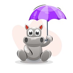 ADORABLE HIPPO WITH UMBRELLA CARTOON VECTOR